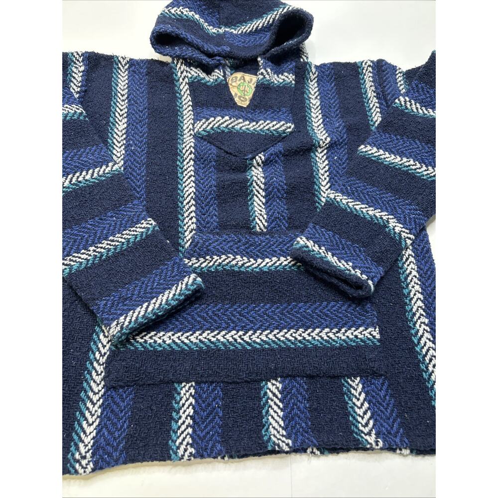 BAJA JOE Mexican Hoodie Drug Rug Pullover Hooded Hippie Sweatshirt Small Blue